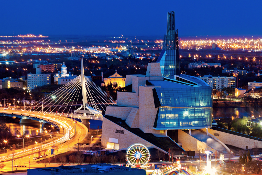 A view of the city of Winnipeg, Manitoba at night. 